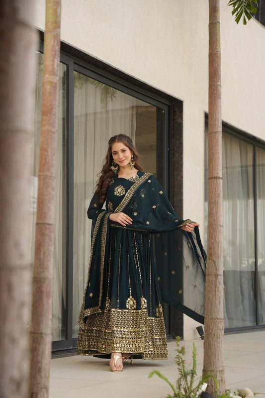 Premium Faux Blooming Gown with Dupatta – Zari & Sequins Embroidery