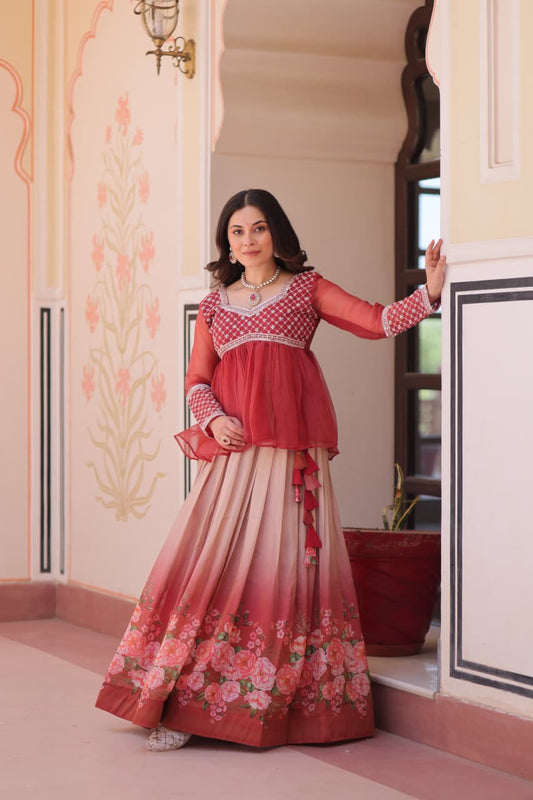 Stitched Party Wear Lehenga Gown in Gajri and Purple