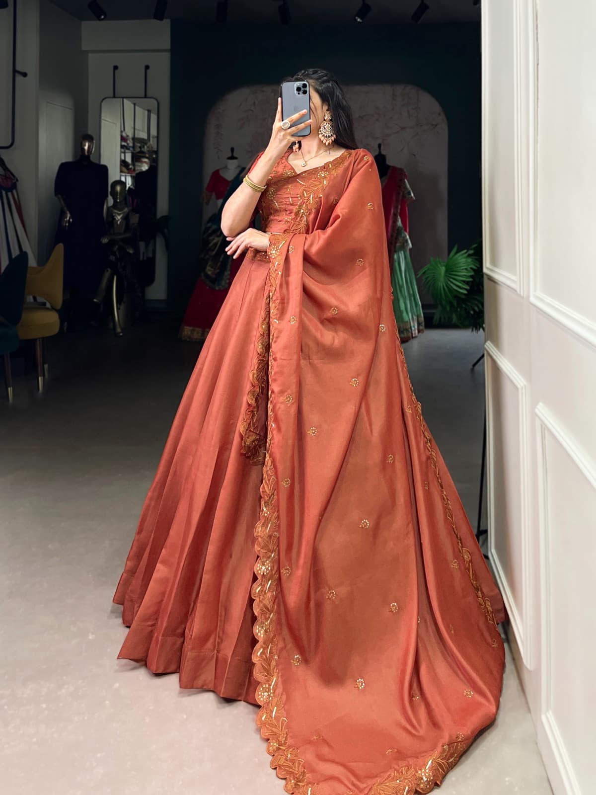 Festive Wear Embroidered Lehenga with Dupatta – Rust Color