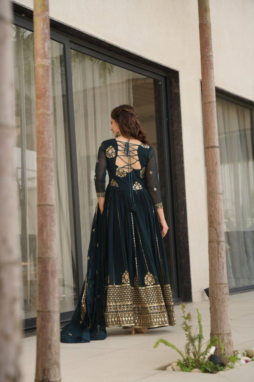 Premium Faux Blooming Gown with Dupatta – Zari & Sequins Embroidery