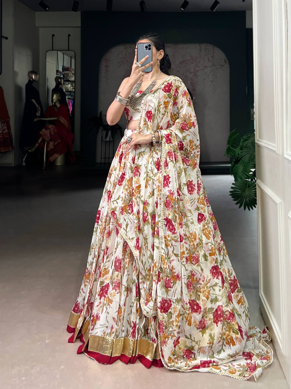 Floral Print Chiffon Lehenga Choli for Garba Night
