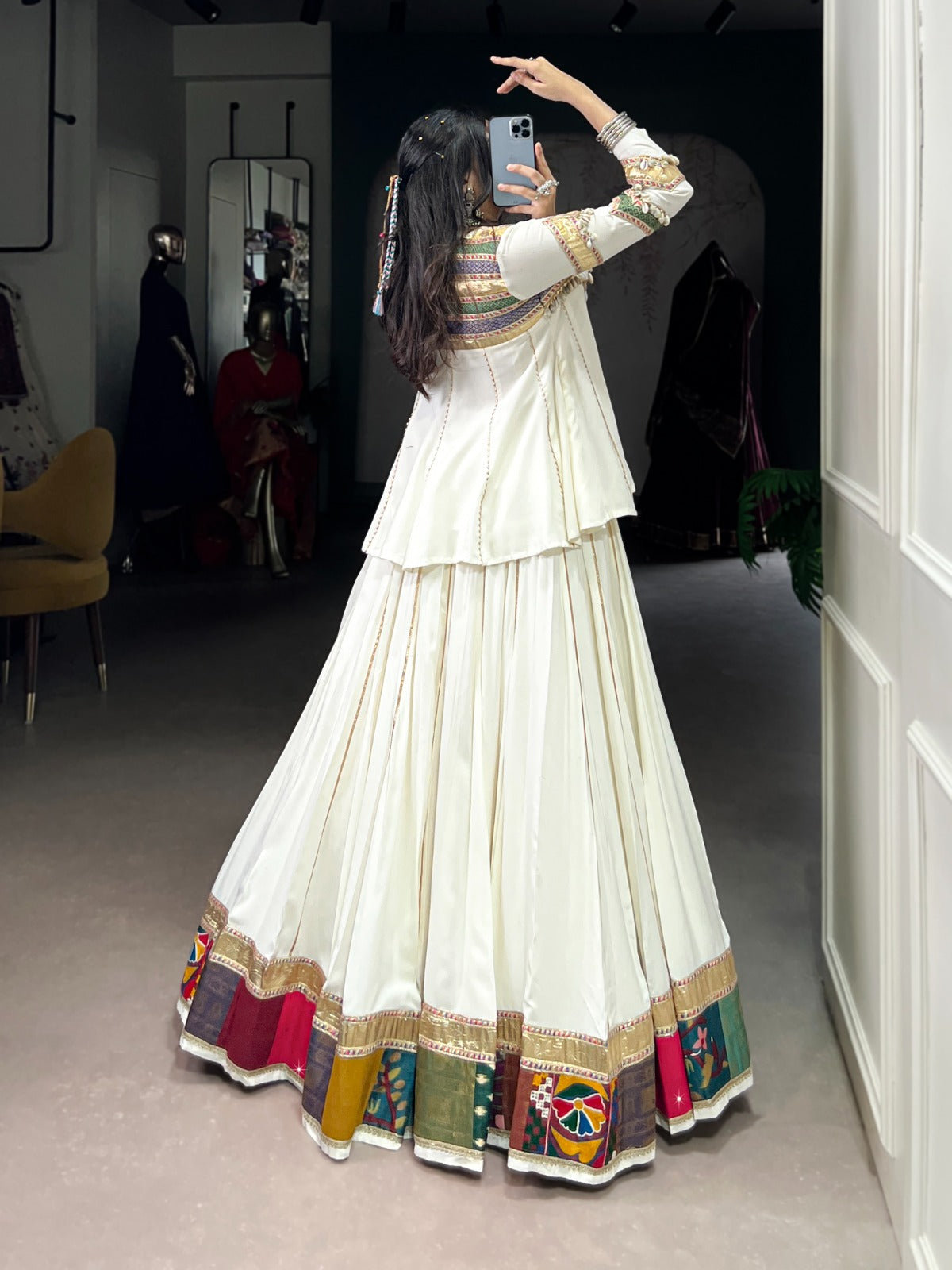 White Rayon Navratri Lehenga with Gota Patti Lace Touch-Up