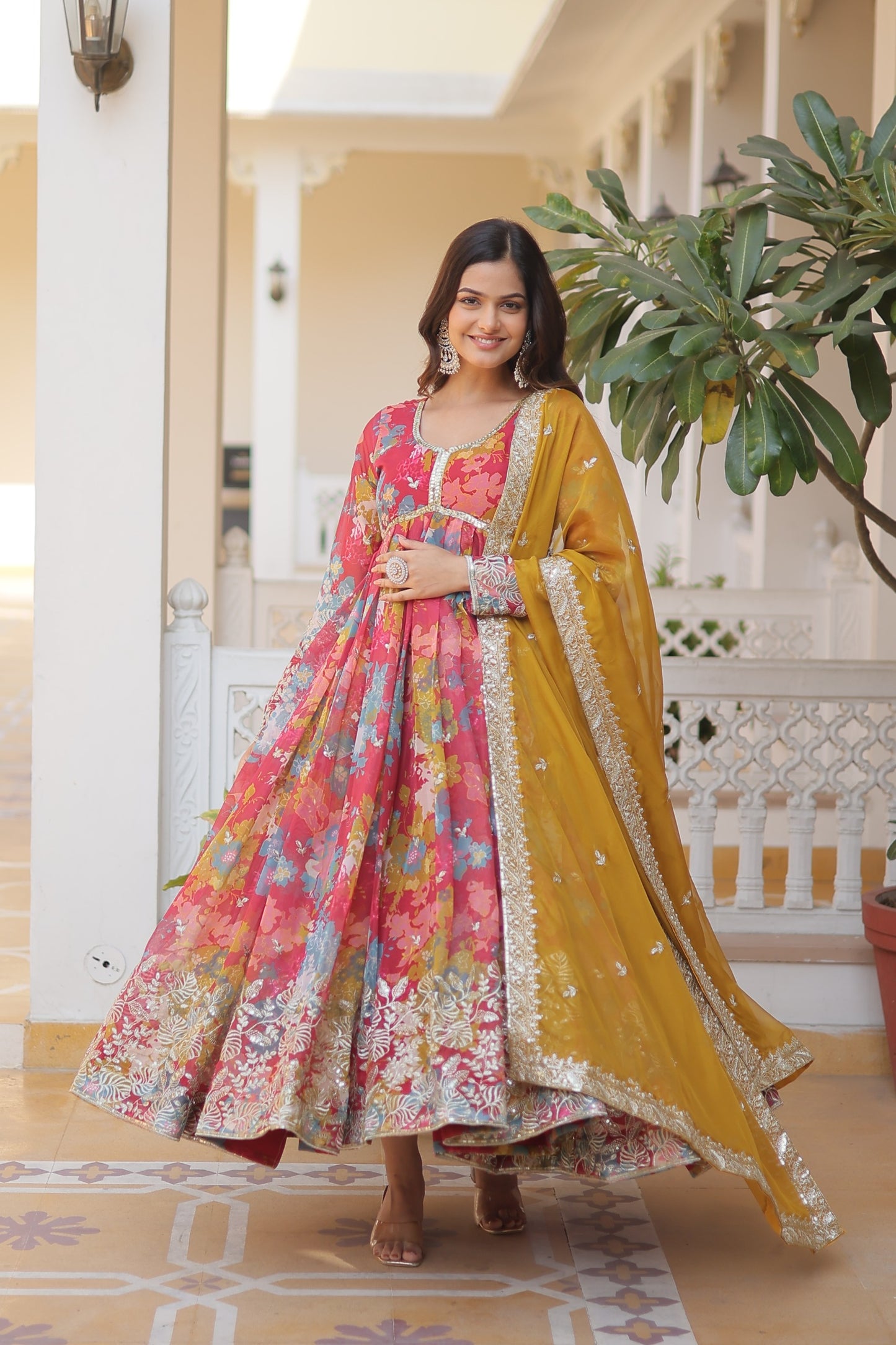 Premium Alia Cut Gown with Embroidery Zari Sequins Work in Russian Silk.