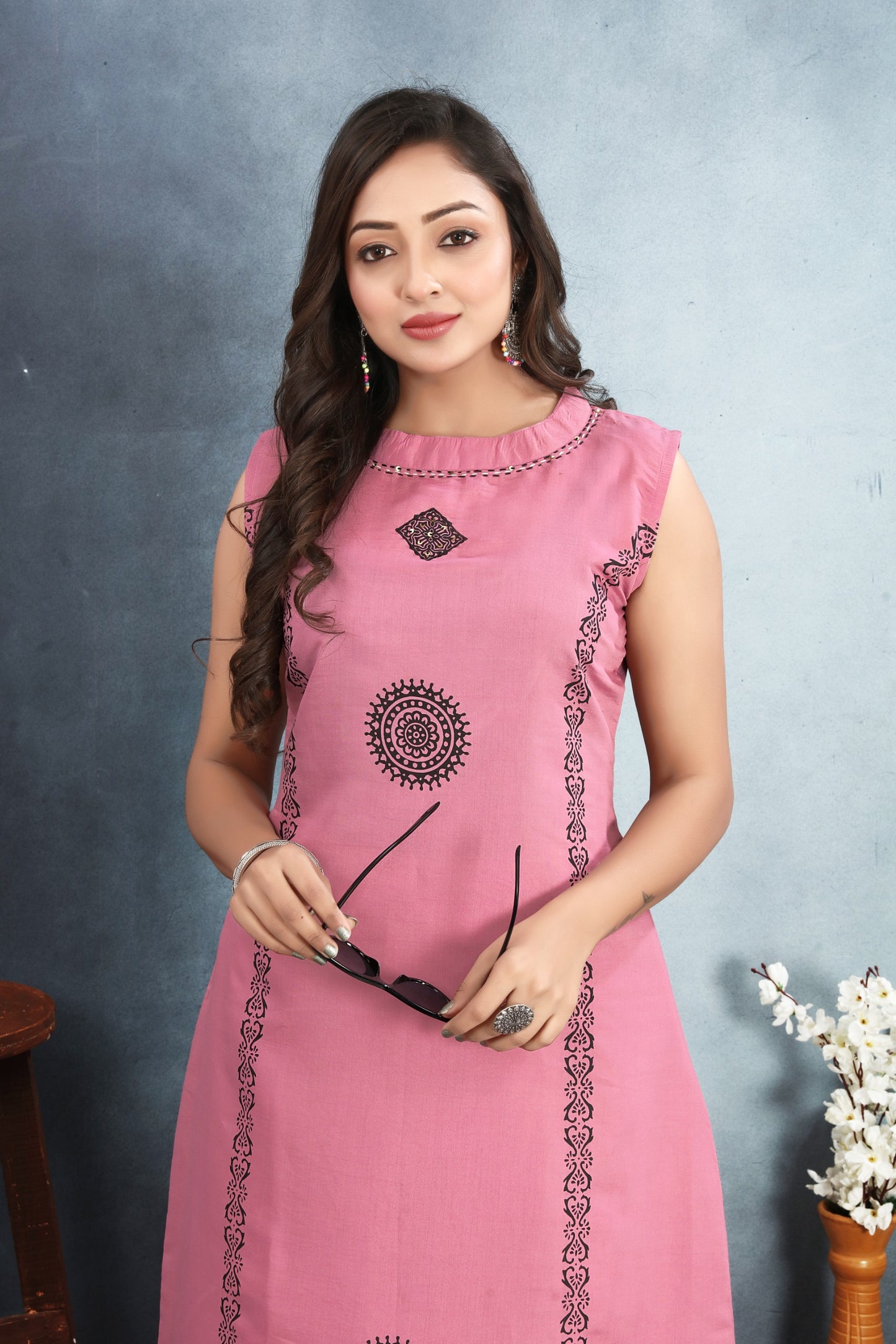 Roman Silk Kurti with Block Print and Sequins Work paired with Roman Silk Bottom.