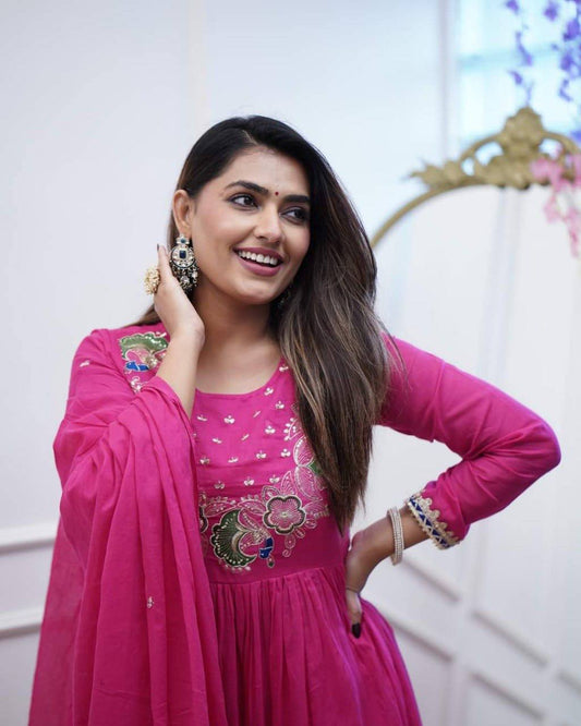 BSY Chinnon embroidered gown set with lace work and flared design for festive & party wear