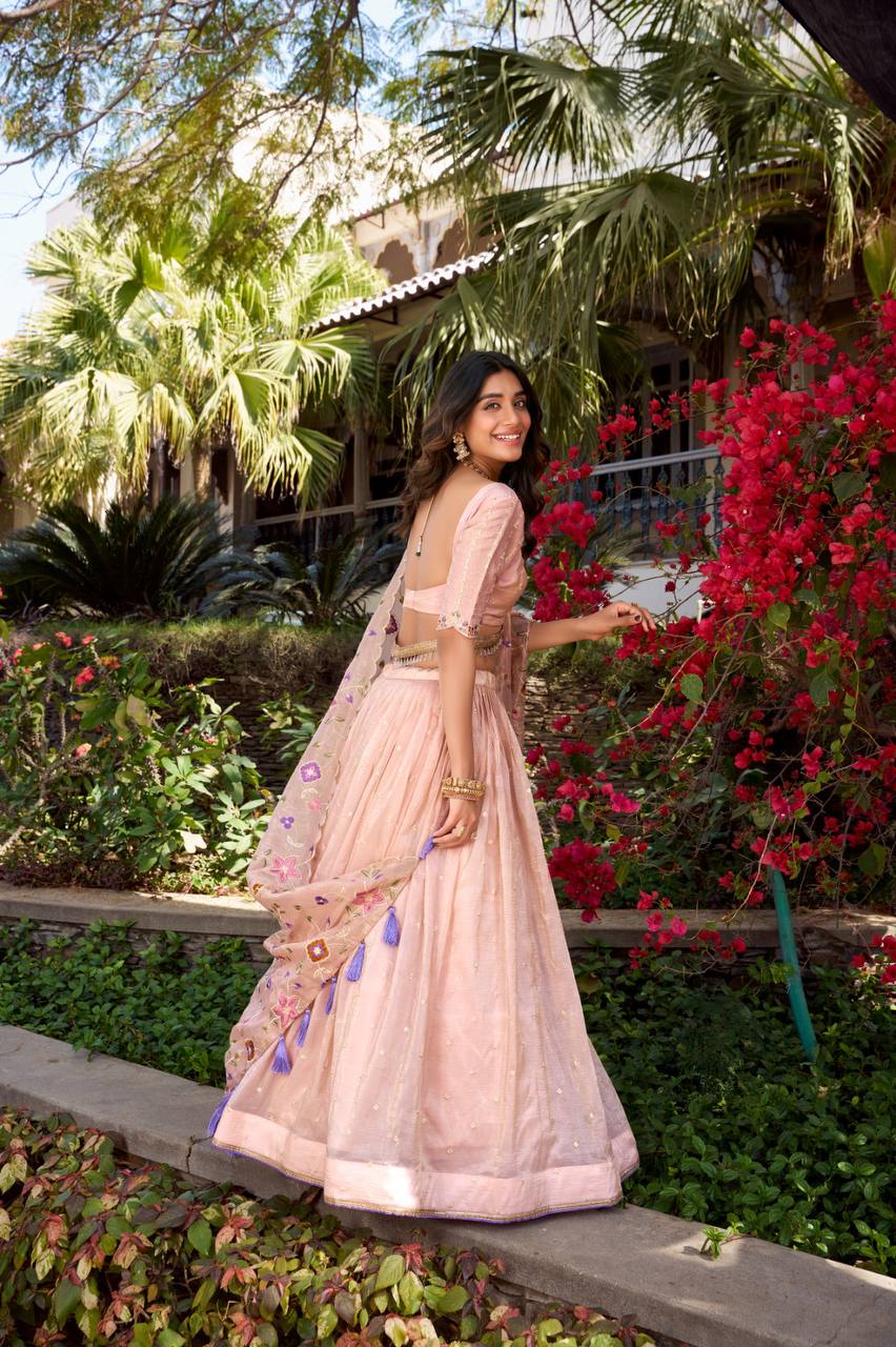 Pink Embroidered Lehenga Set – Gold Crush Fabric with Sequins and Thread Embroidery