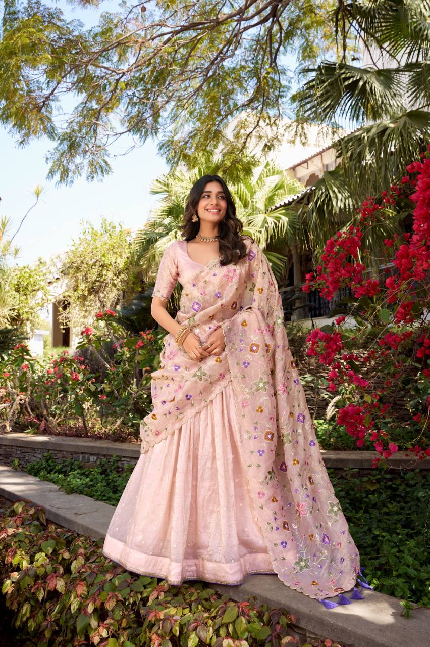Pink Embroidered Lehenga Set – Gold Crush Fabric with Sequins and Thread Embroidery