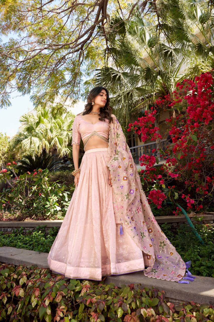 Pink Embroidered Lehenga Set – Gold Crush Fabric with Sequins and Thread Embroidery