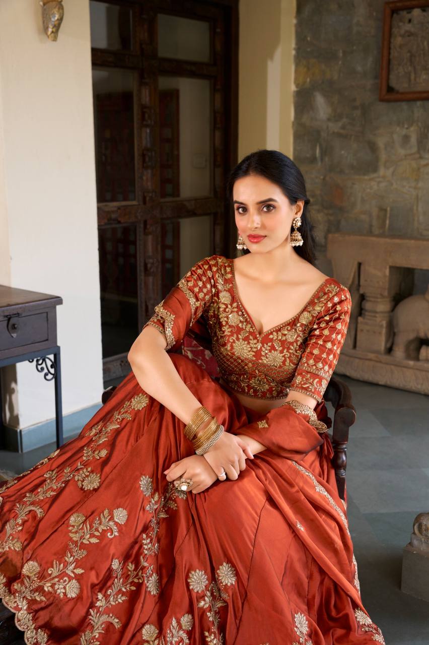 Rust Rangoli Silk Designer Lehenga for Women with Sequins Embroidery