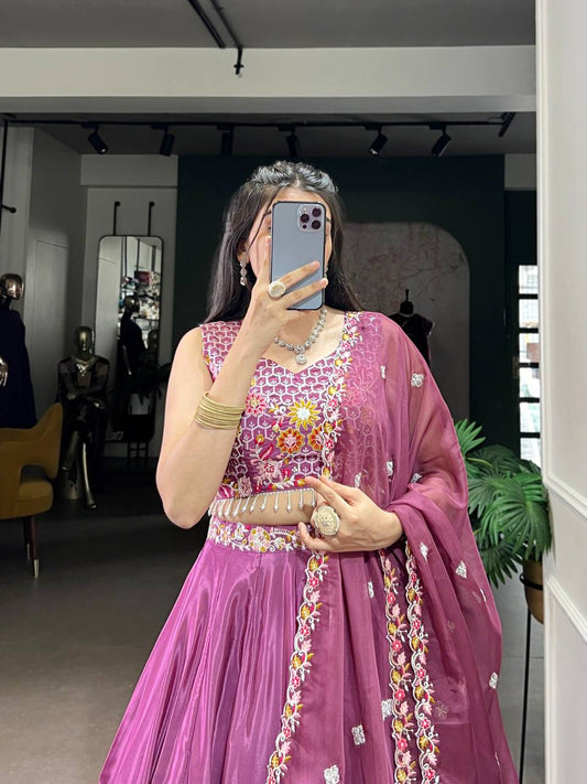 Silk crepe lehenga with embroidery blouse and organza dupatta