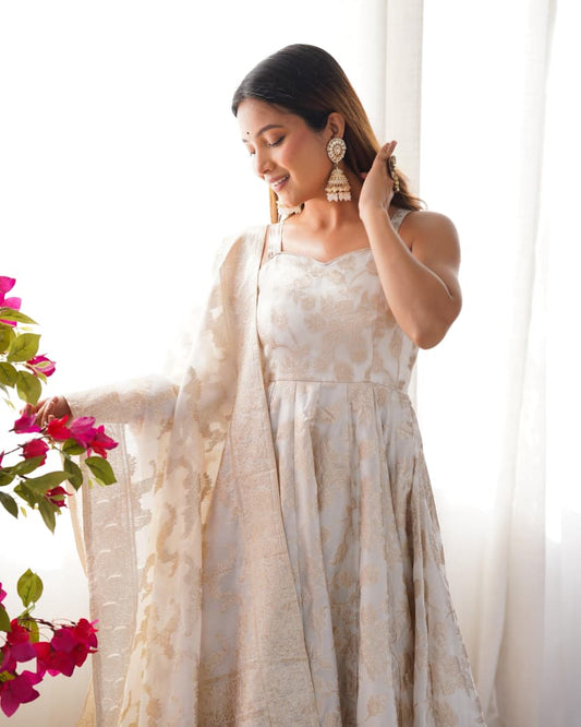 banarasi jacquard anarkali gown