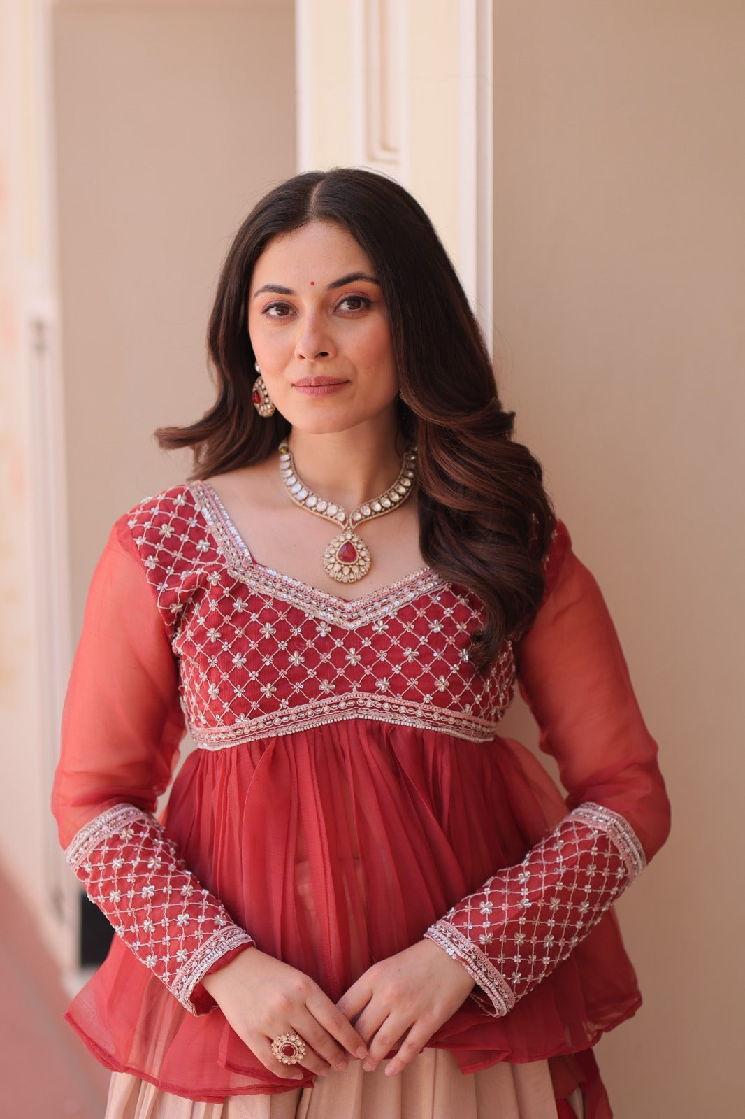 Stitched Party Wear Lehenga Gown in Gajri and Purple