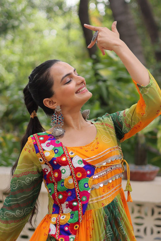 Navratri Gown 2025 – Bandhej Print with Kutchi Work