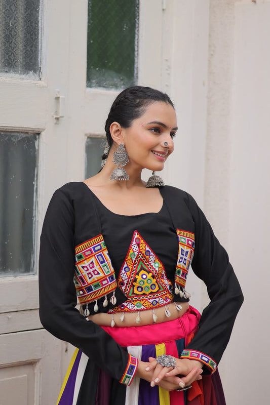 Multicolour Navratri Lehenga Choli 2025 with Gamthi embroidery, mirror work, and koti blouse