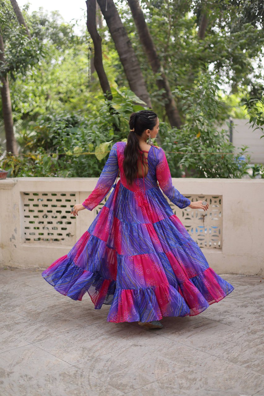 Full Sleeve Bandhej & Laheriya Gown with 12 Meter Flair