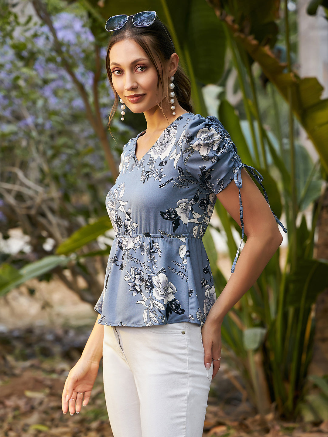 Blue Floral Cinched Waist Top with Puff Sleeves – Trendy Women's Blouse