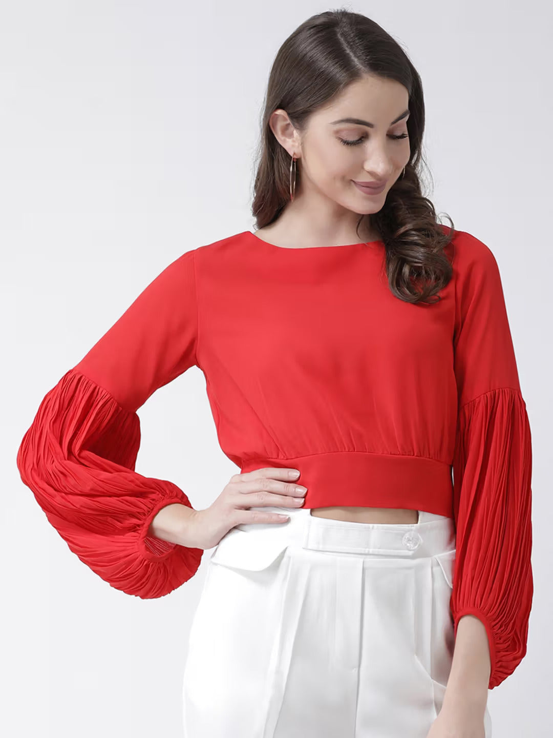 Red Pleated Bishop Sleeves Blouson – Elegant Women's Top with Loose Fit