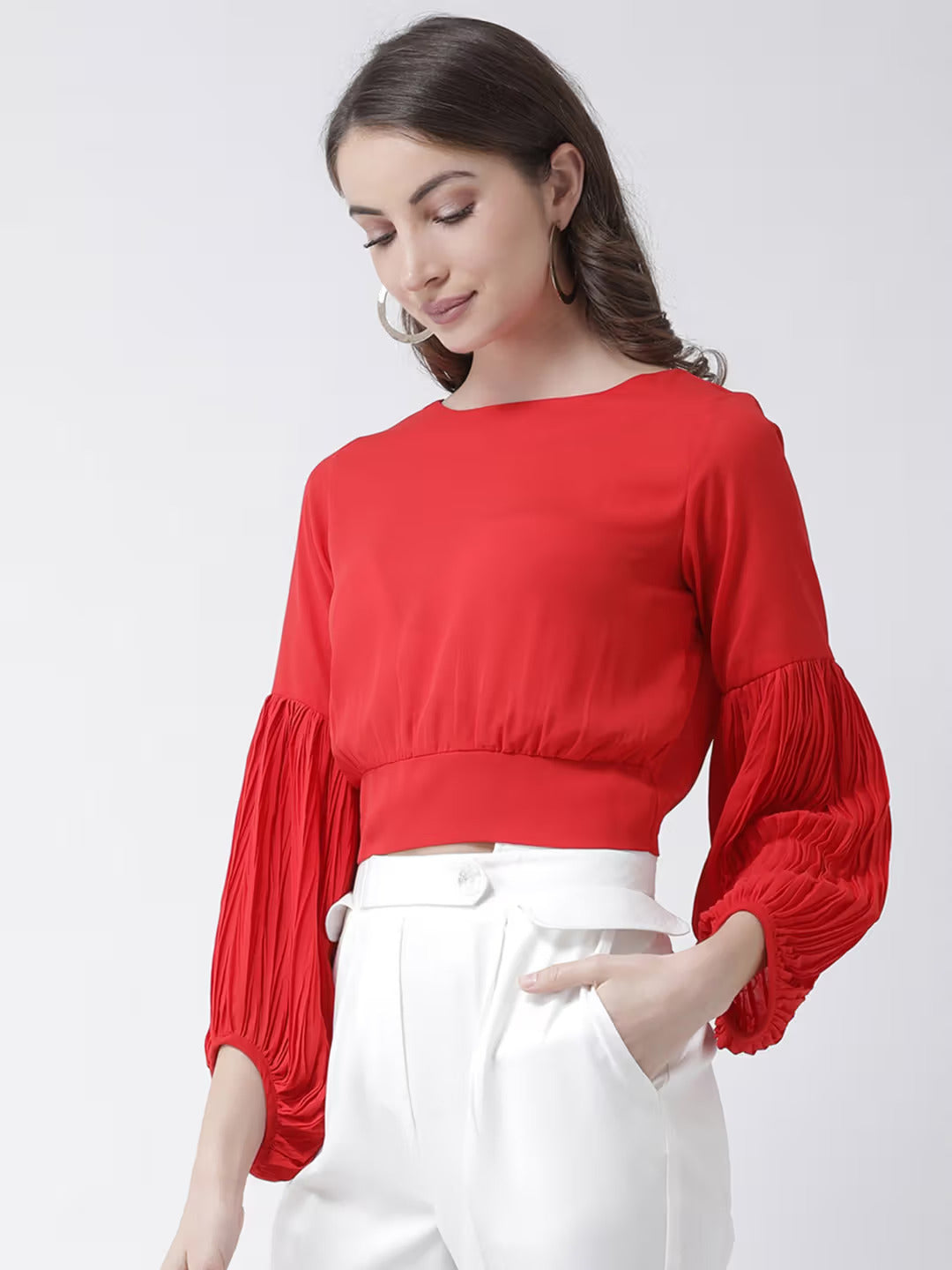 Red Pleated Bishop Sleeves Blouson – Elegant Women's Top with Loose Fit