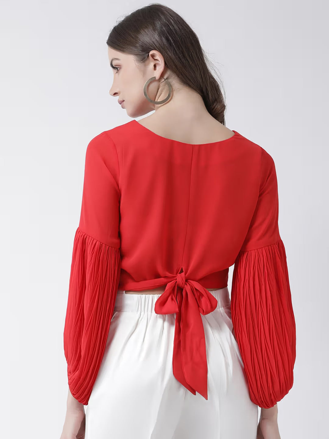 Red Pleated Bishop Sleeves Blouson – Elegant Women's Top with Loose Fit