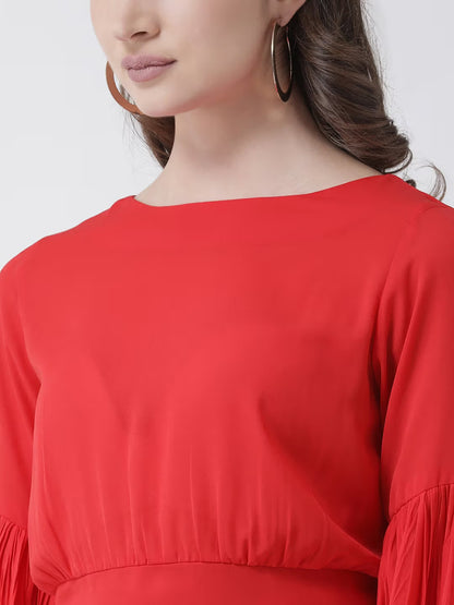 Red Pleated Bishop Sleeves Blouson – Elegant Women's Top with Loose Fit