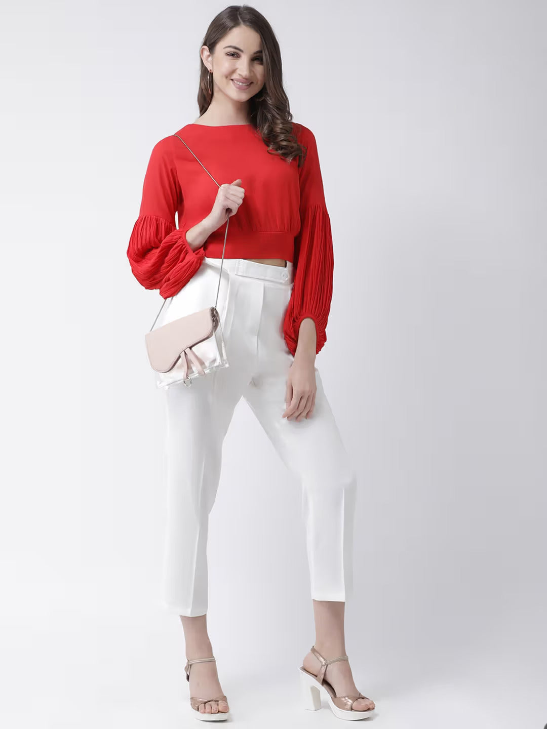 Red Pleated Bishop Sleeves Blouson – Elegant Women's Top with Loose Fit