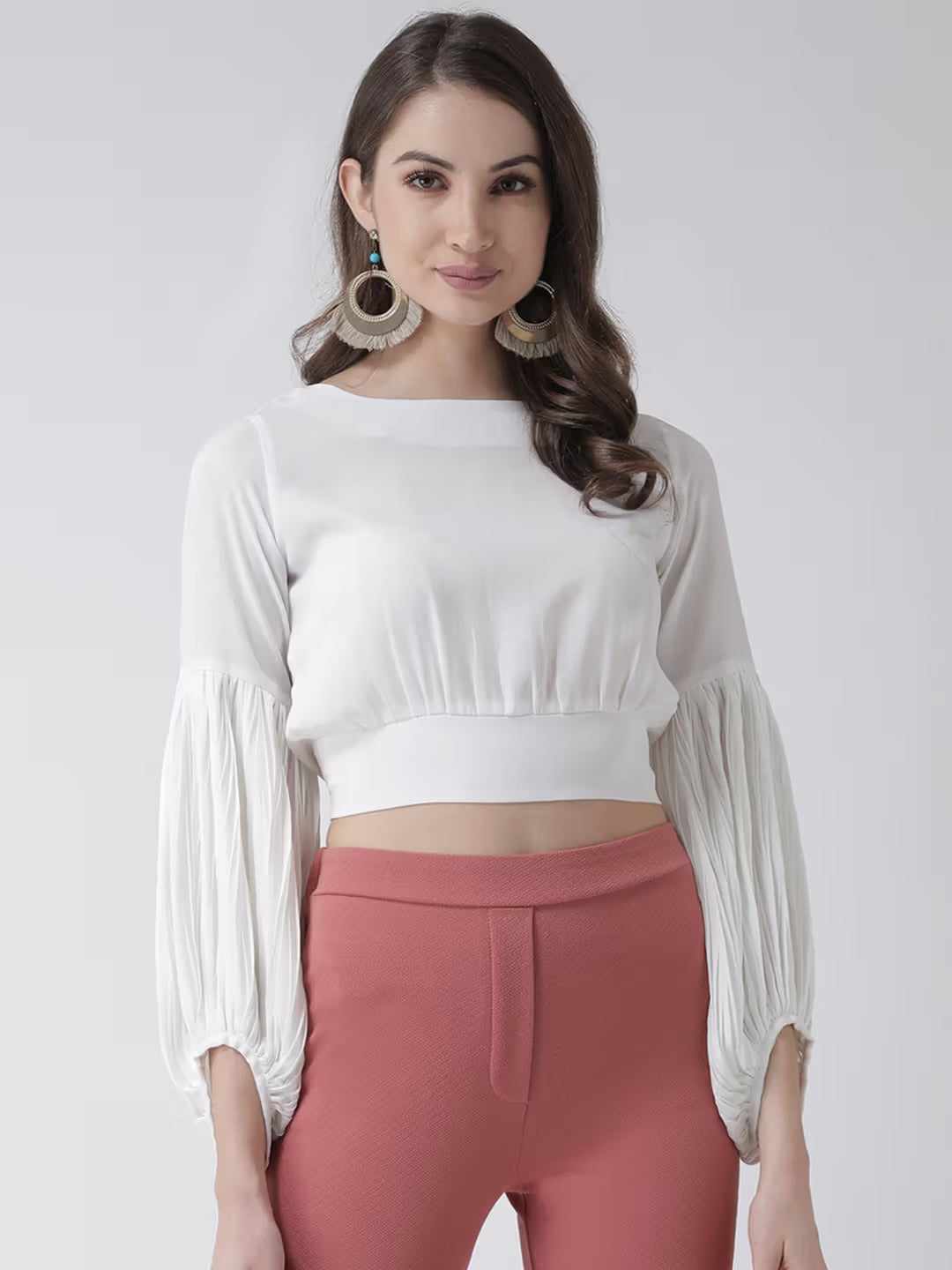 White Pleated Bishop Sleeves Blouson – Women's Fashion Top