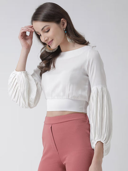 White Pleated Bishop Sleeves Blouson – Women's Fashion Top