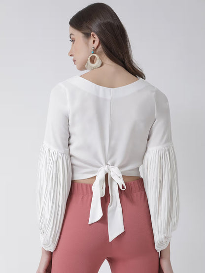 White Pleated Bishop Sleeves Blouson – Women's Fashion Top