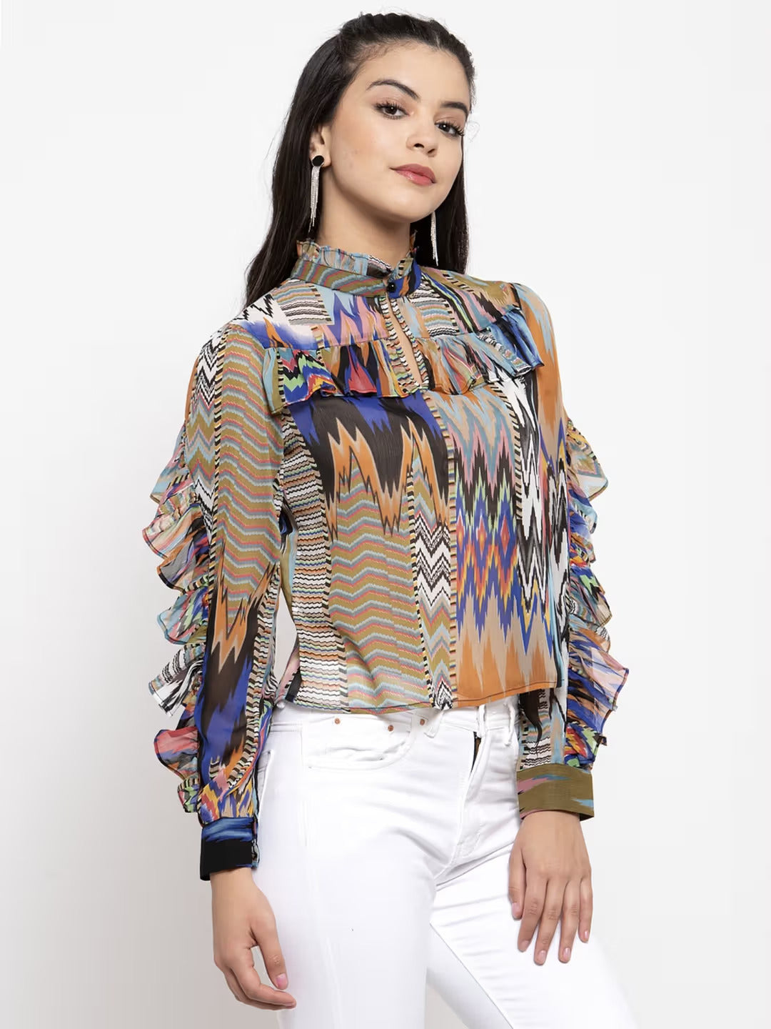 Multicolored Geometric Ruffle Top with High Neck and Long Sleeves