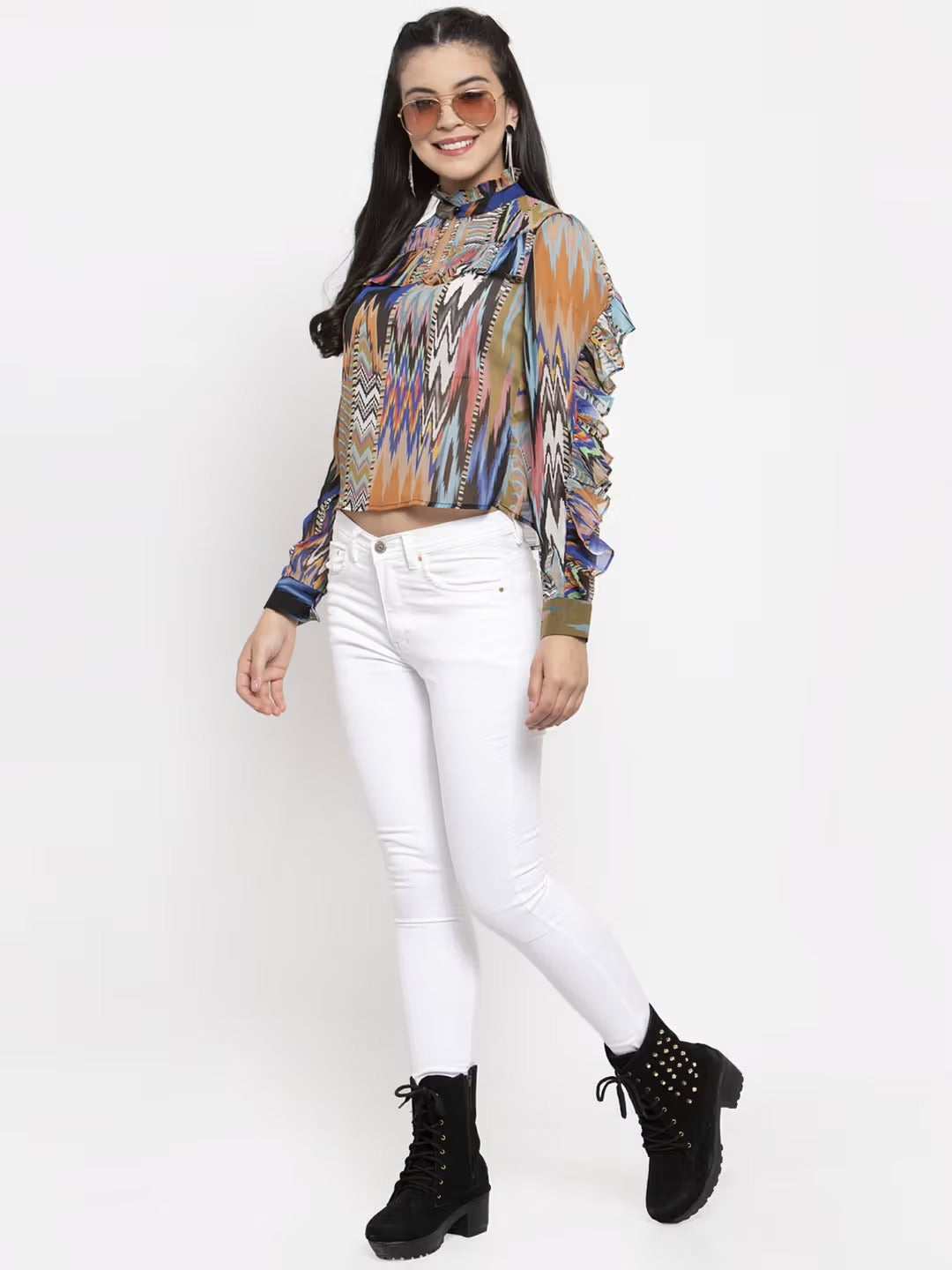 Multicolored Geometric Ruffle Top with High Neck and Long Sleeves