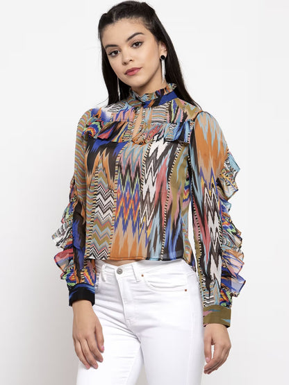 Multicolored Geometric Ruffle Top with High Neck and Long Sleeves