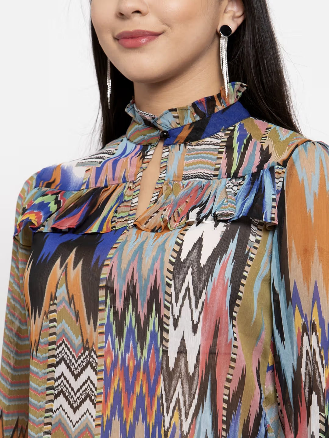 Multicolored Geometric Ruffle Top with High Neck and Long Sleeves