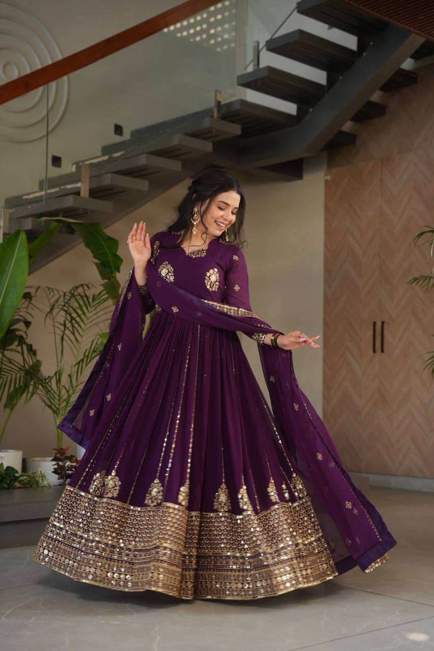 Premium Faux Blooming Gown with Dupatta – Zari & Sequins Embroidery
