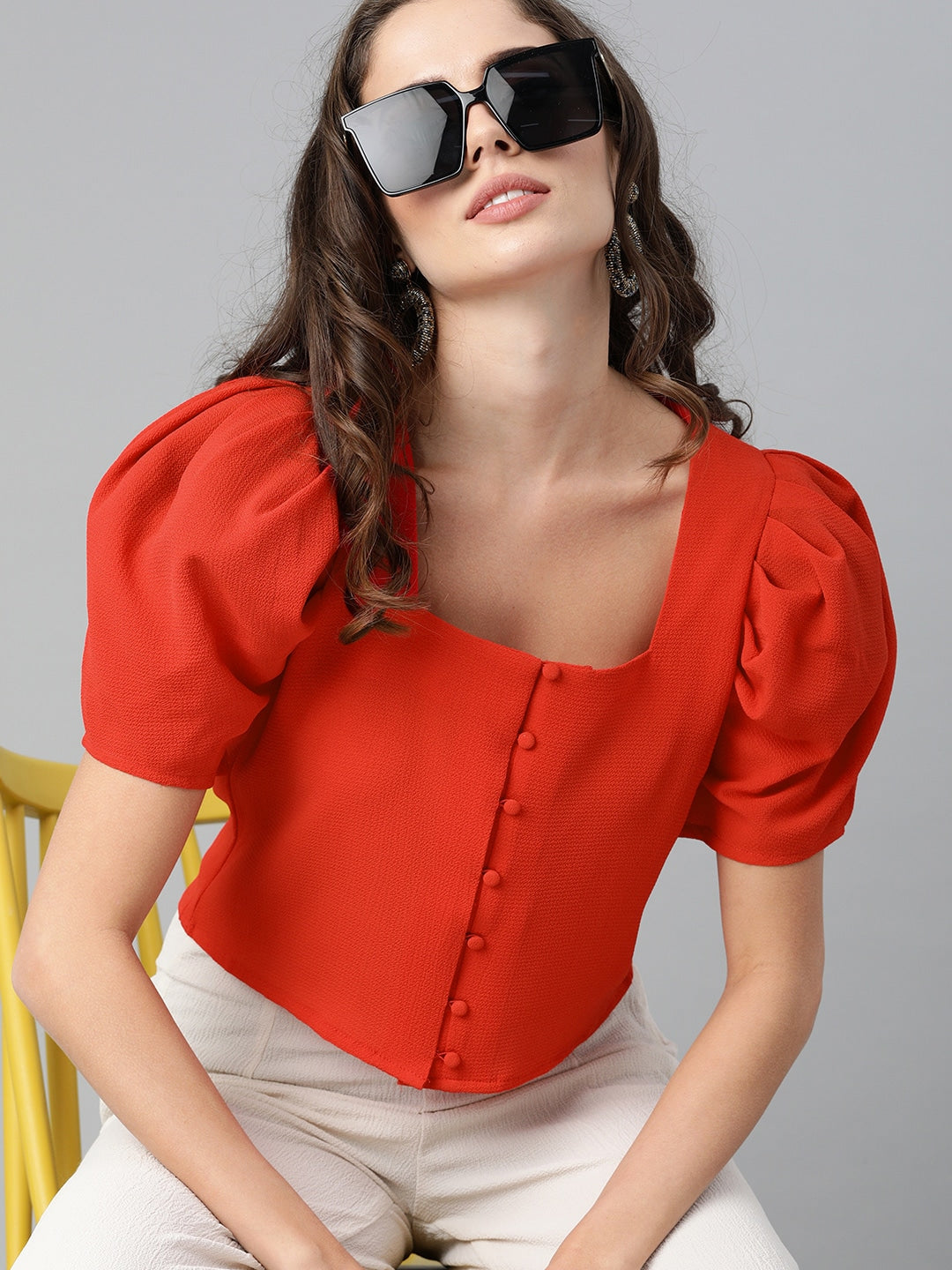 Red Square Neck Puff Sleeve Top – Stylish Women's Wear