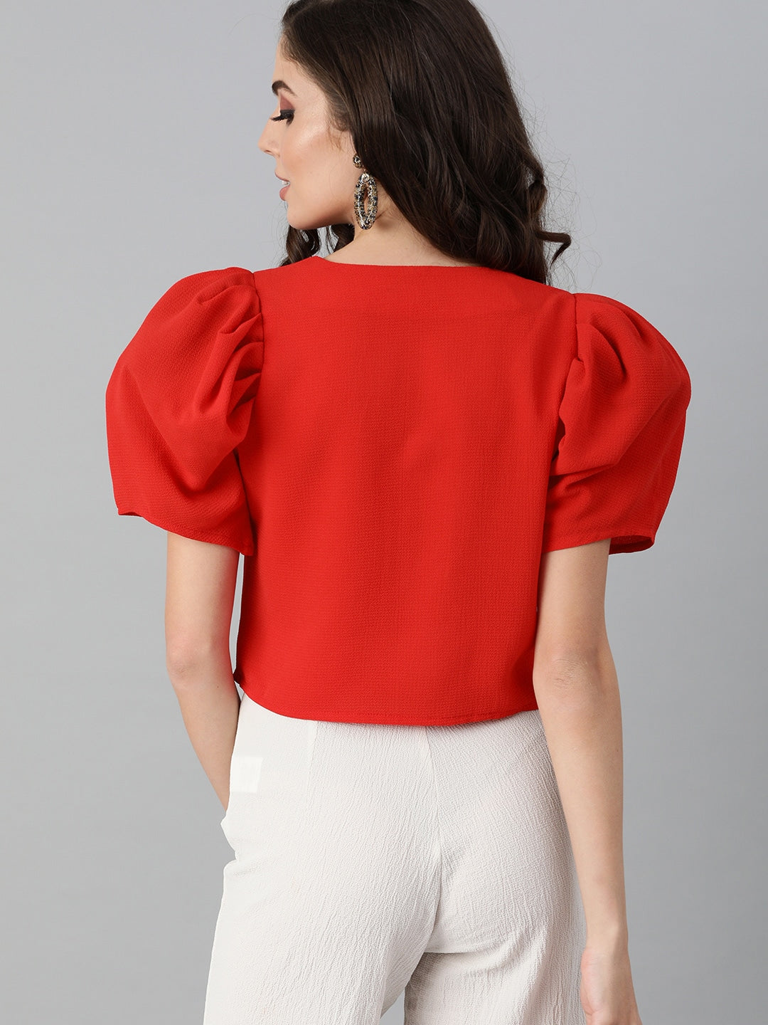 Red Square Neck Puff Sleeve Top – Stylish Women's Wear