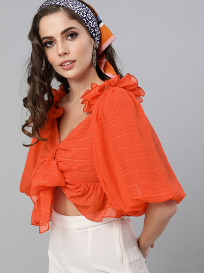 Orange Sweetheart Neck Crop Top – Empire Front Knot Style with Flared Sleeves