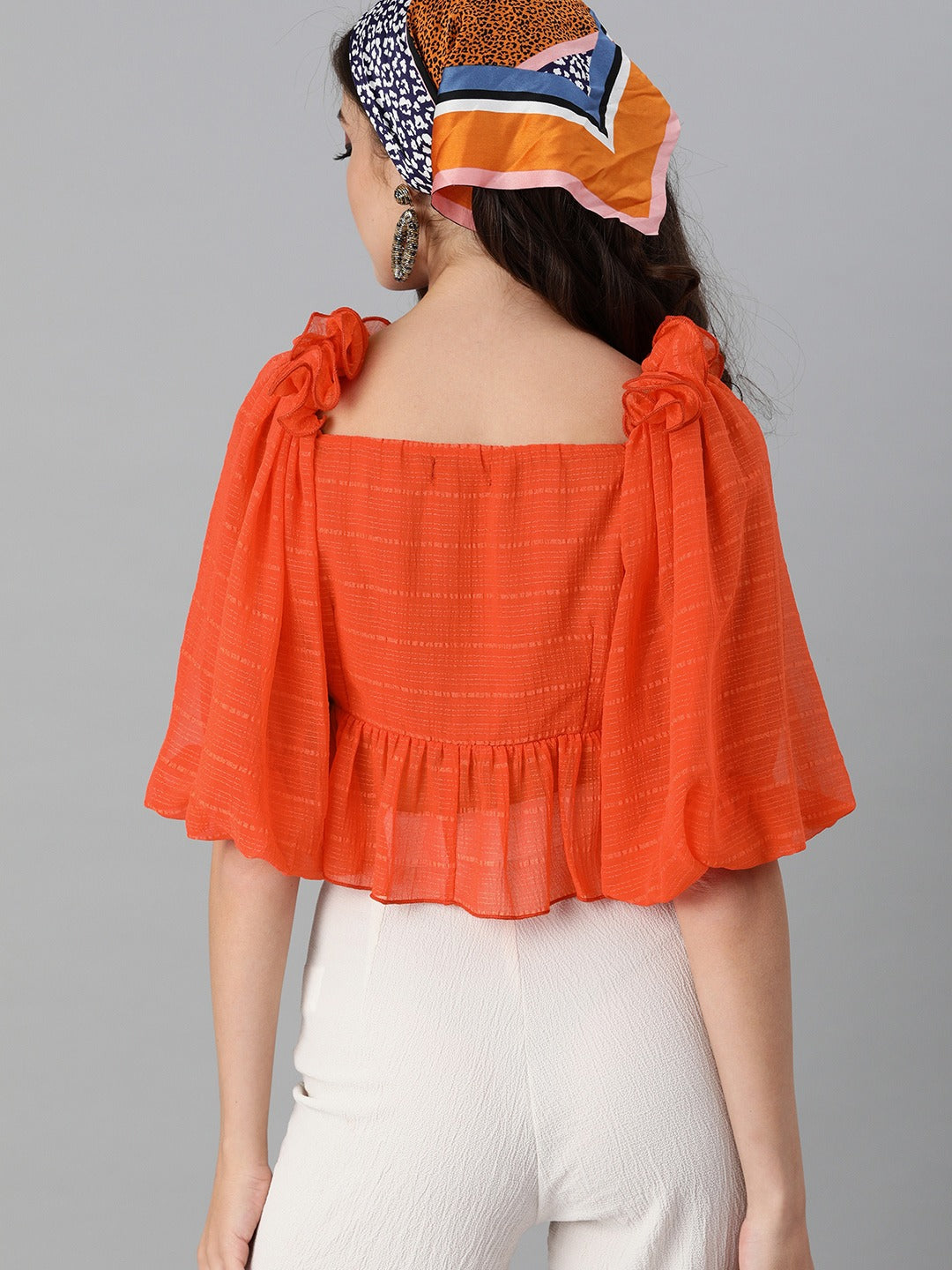 Orange Sweetheart Neck Crop Top – Empire Front Knot Style with Flared Sleeves