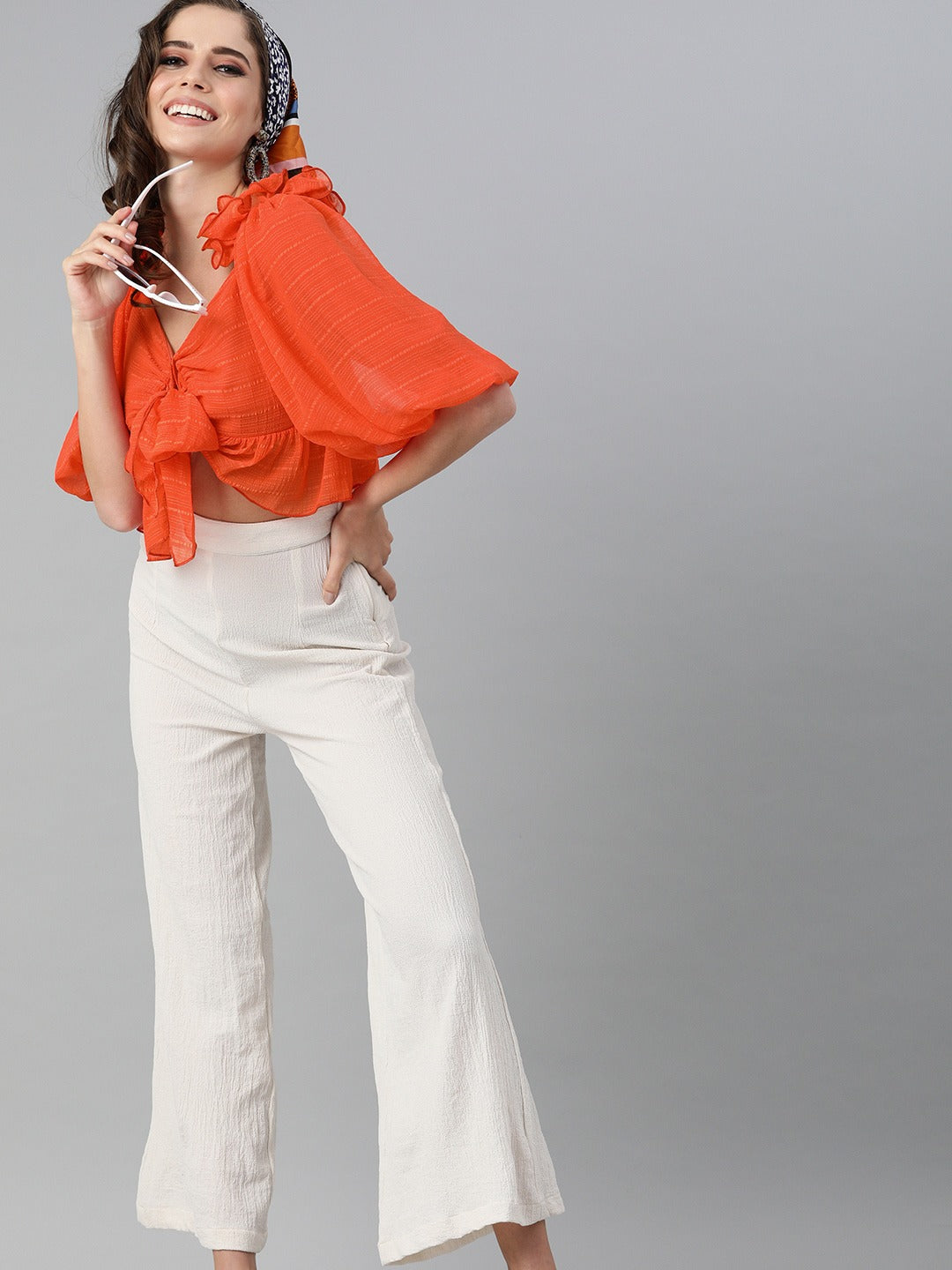 Orange Sweetheart Neck Crop Top – Empire Front Knot Style with Flared Sleeves