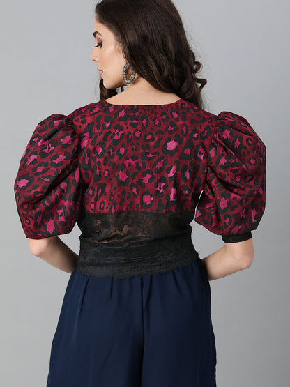 Pink & Black Animal Print Crop Top with Puff Sleeves and Lace Inserts