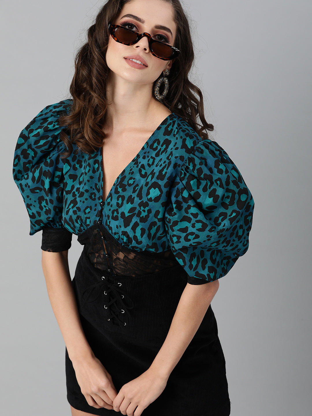 Blue & Black Animal Print Crop Top with Puff Sleeves and Lace Inserts