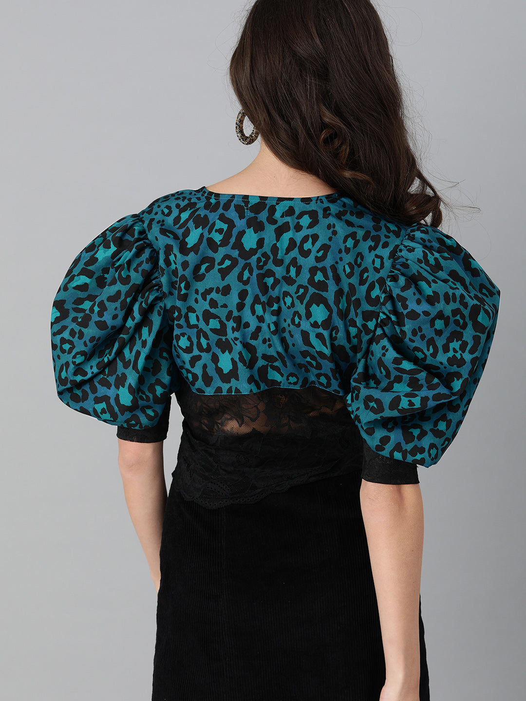 Blue & Black Animal Print Crop Top with Puff Sleeves and Lace Inserts