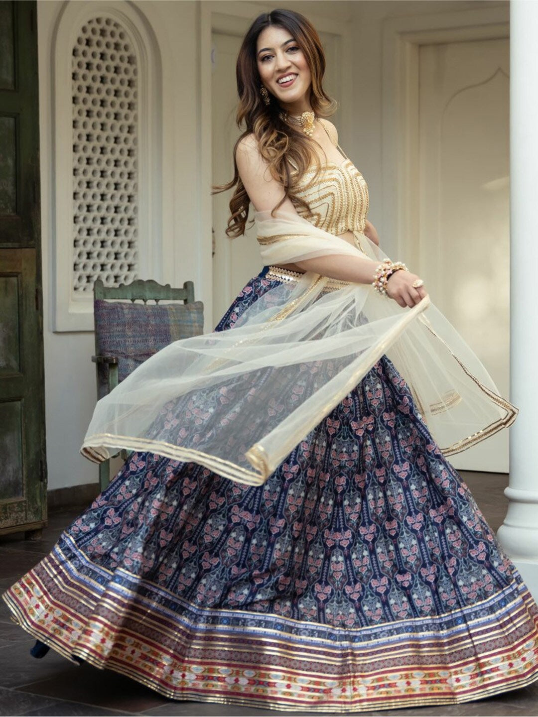 Blue Art Silk Lehenga Choli with Digital Print & Gota Patti Work