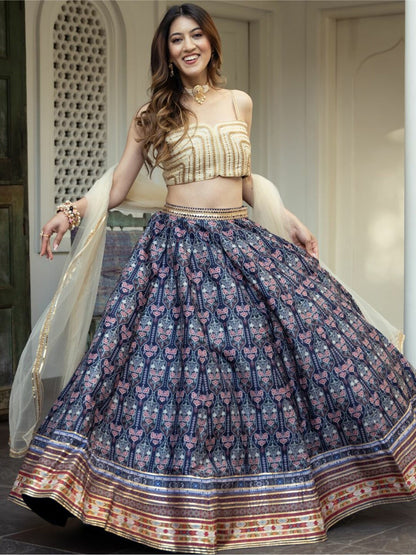 Blue Art Silk Lehenga Choli with Digital Print & Gota Patti Work