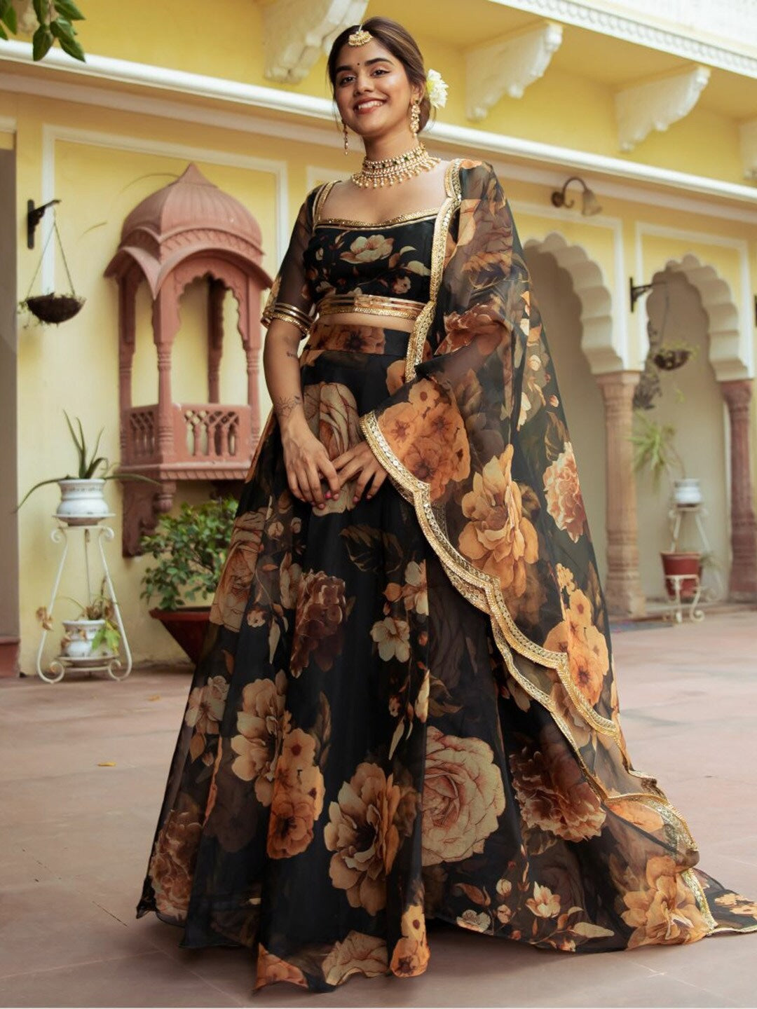 Black Organza Lehenga Choli with Digital Print and Gota Patti Work