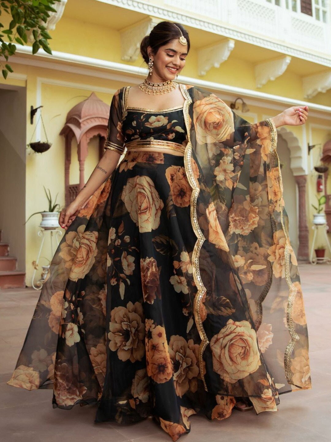 Black Organza Lehenga Choli with Digital Print and Gota Patti Work