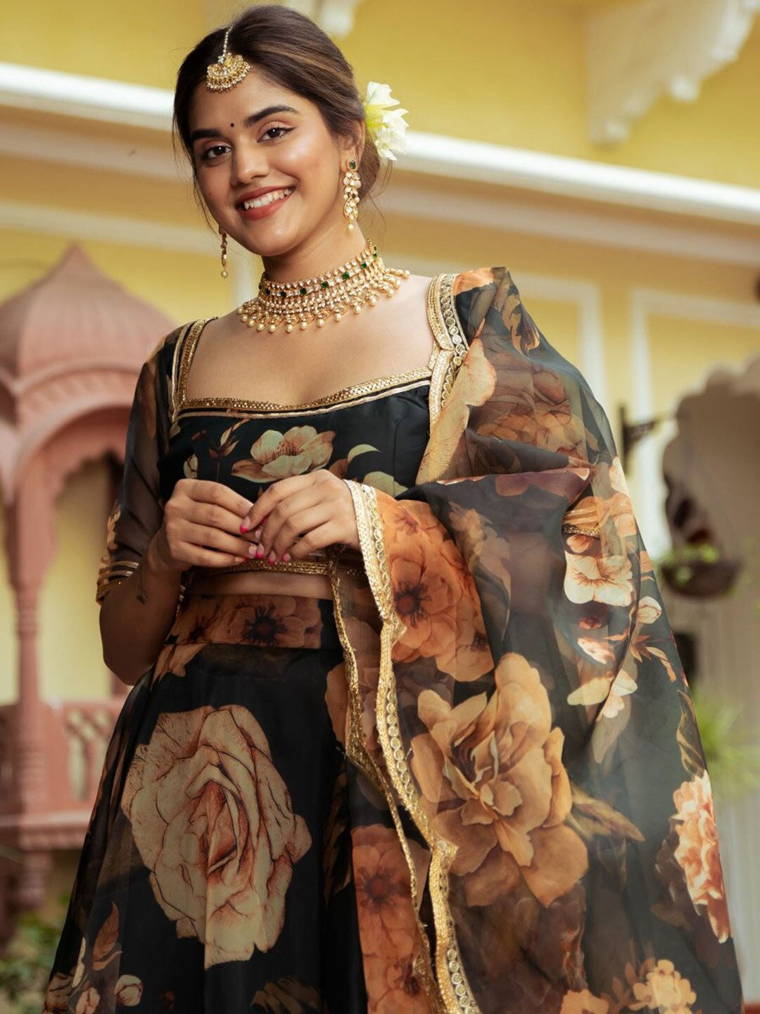 Black Organza Lehenga Choli with Digital Print and Gota Patti Work