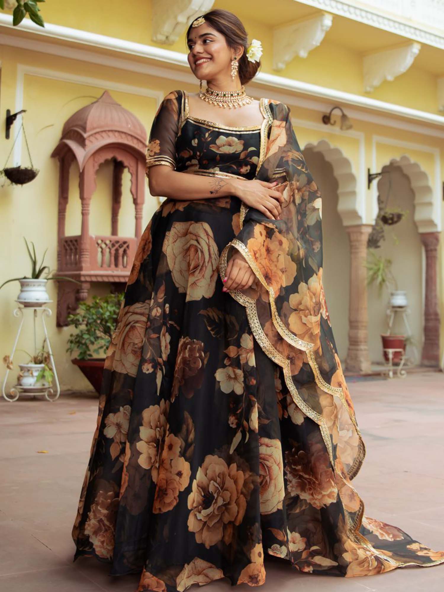 Black Organza Lehenga Choli with Digital Print and Gota Patti Work