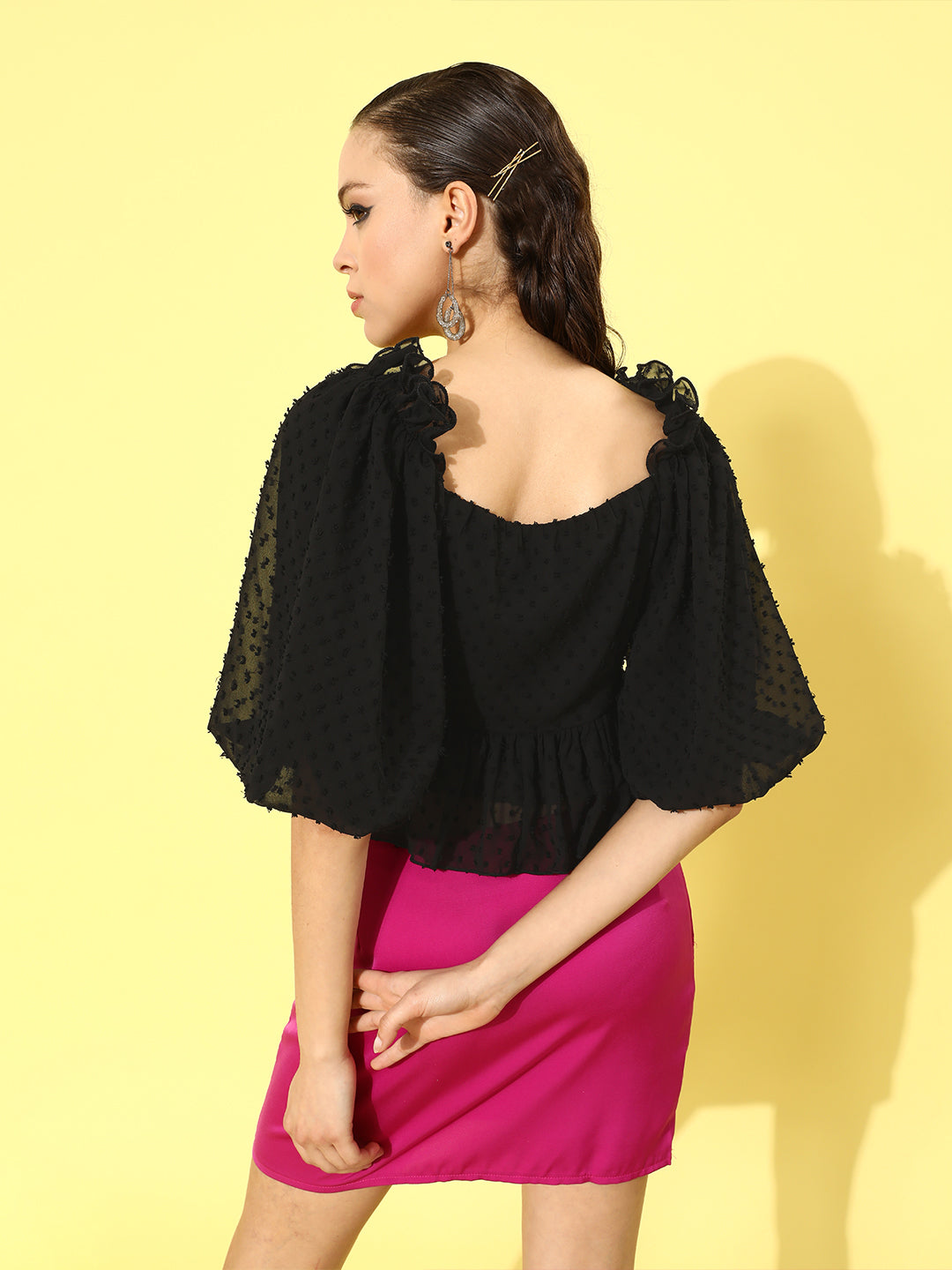 Trendy Black Self Design Crop Top with Short Flared Sleeves