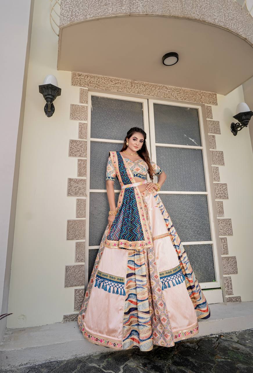 Barbieque Lehenga Choli in Peach & Rama – Heavy Mulberry Silk with Mirror & Sequence Embroidery