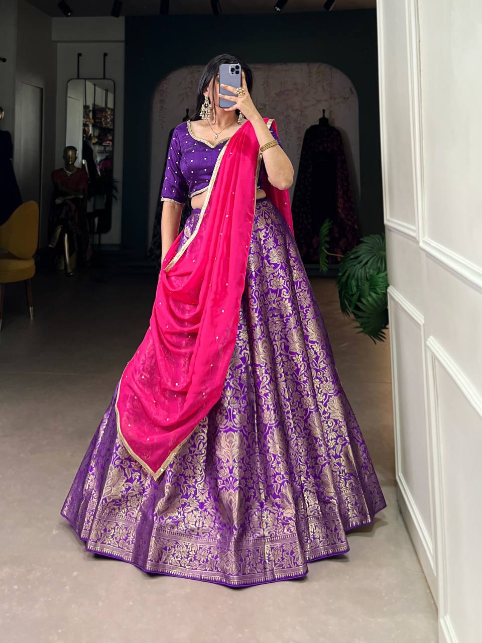 Royal Jacquard Silk Lehenga – Zari Weaving & Sequins Work